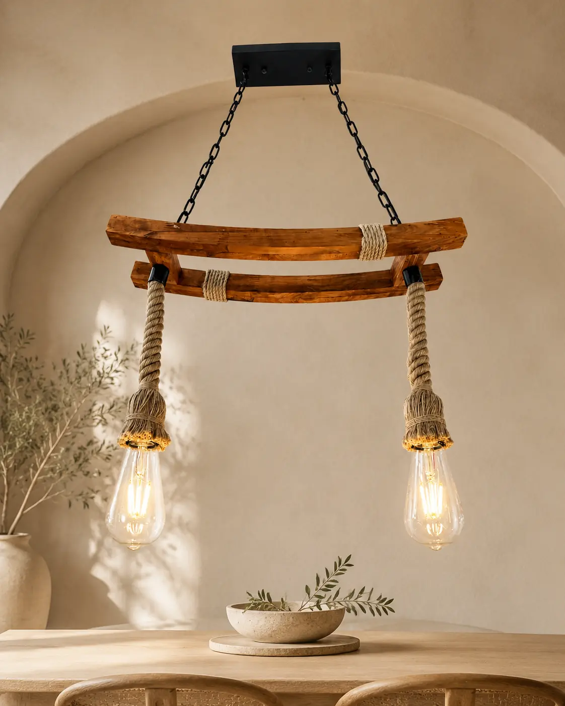 Tecbright Pendelleuchte aus Holz und Seil in heller Architektur